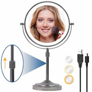 8.6 in. W. x 16.5in. H Round Magnifying Lighted Tabletop Mirror Bathroom Makeup Mirror in Gray