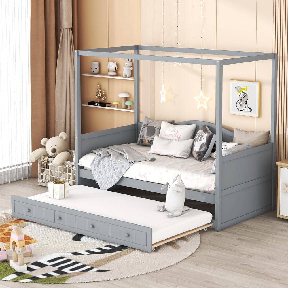 White Wood Frame Twin Size Canopy Bed, Daybed with Trundle - thumbnail 4