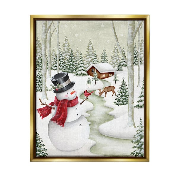 Stupell Industries Snowman on Snowy Path by Emma Leach 1 Piece Floater Frame Graphic Print Nature Poster Art Print 31 in. x 25 in.