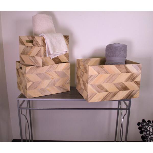 JIA HOME 3-Piece Wood Basket Set with Zig Zag Detail and Cut Out Handles