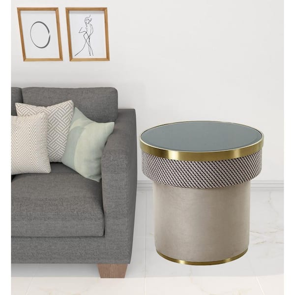 HomeRoots Valerie 22.4 in. Grey/Gold Round Glass End Table