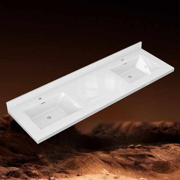 Rsp 72 in. W x 22 in. D Solid Surface Cultured Marble White Rectangular Bath Vanity Top with Double Sink and Backsplash