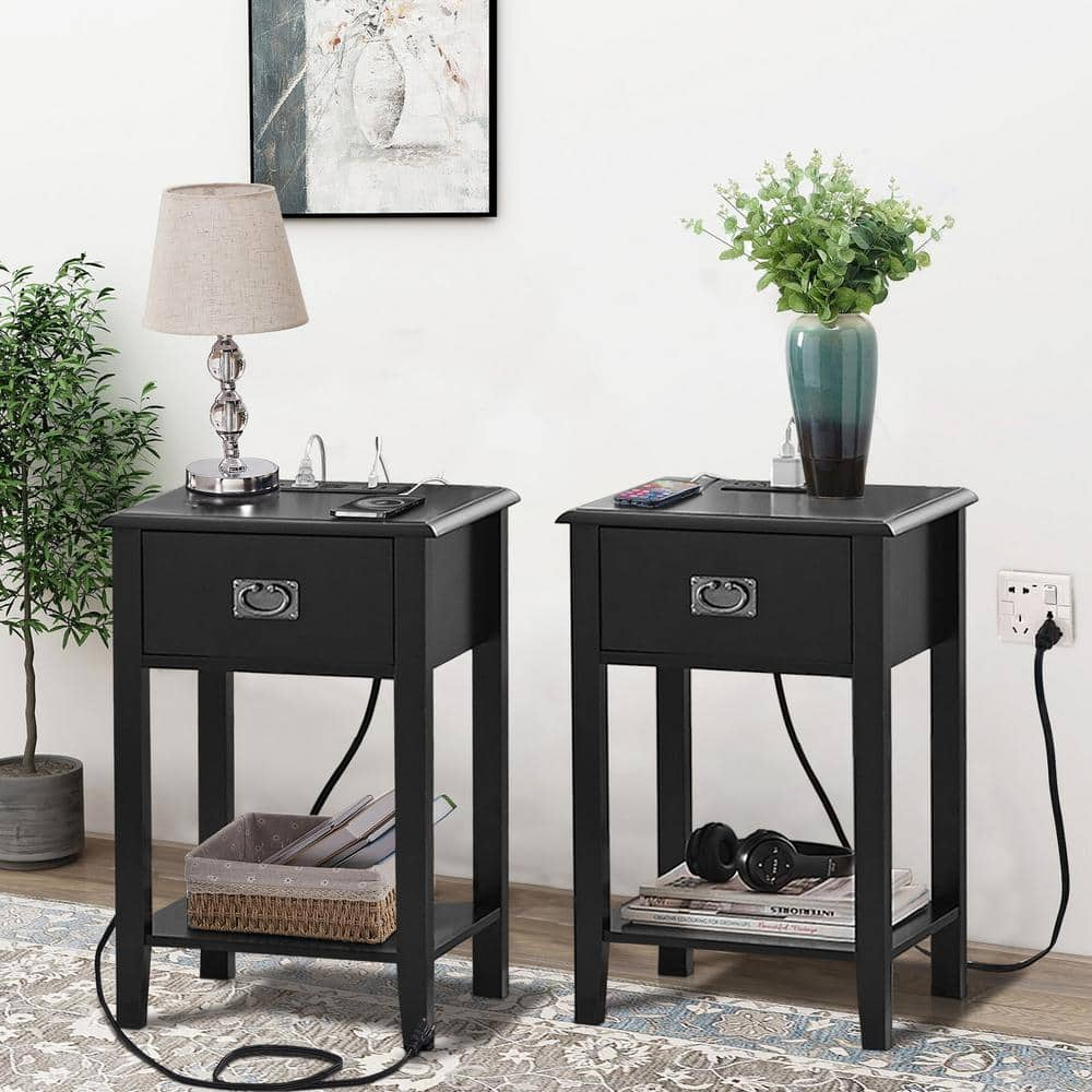 VECELO Nightstand Set of 2 with Charging Station, Black End/Side Table ...