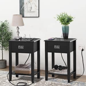 Nightstand Set of 2 with Charging Station, Black End/Side Table with USB Ports, Nightstands with 1-Drawer Storage Shelf