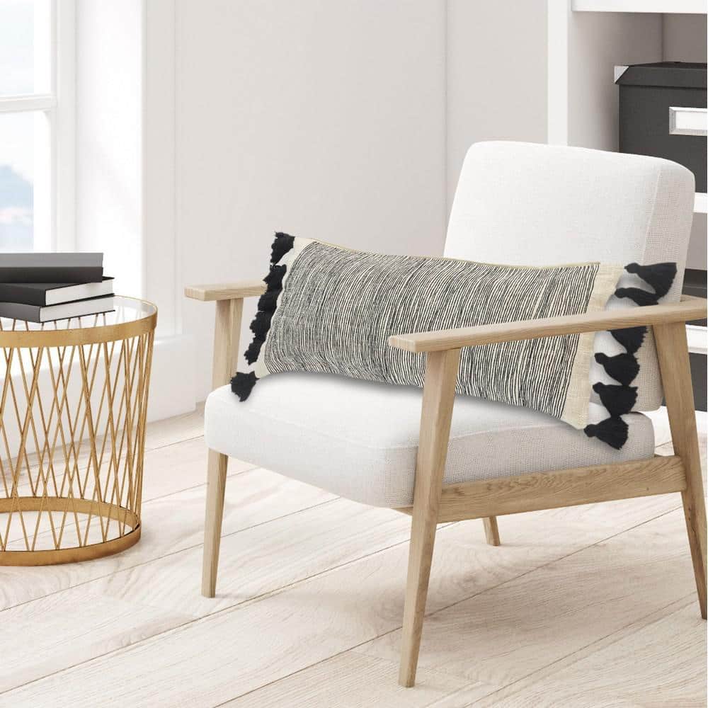 Distressed Gray and Black Rectangular Fringe Pillow