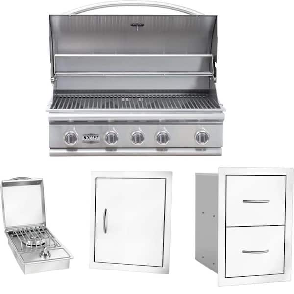 Bullet Series 5-Burner Built-In Liquid Propane Grill 38 in Stainless Steel w/Double Door, Double Drawer & Side Burner