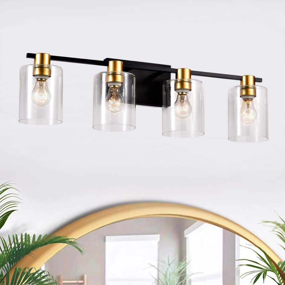Vintage 29.5 in. 4-Light Matte Black and Gold Metal Vanity Light with Glass Shade, Bulbs Not Included price history on PriceWatchPro