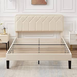 Bed Frame with Upholstered Headboard, Beige Metal Frame Full Platform Bed with Strong Frame and Wooden Slats Support