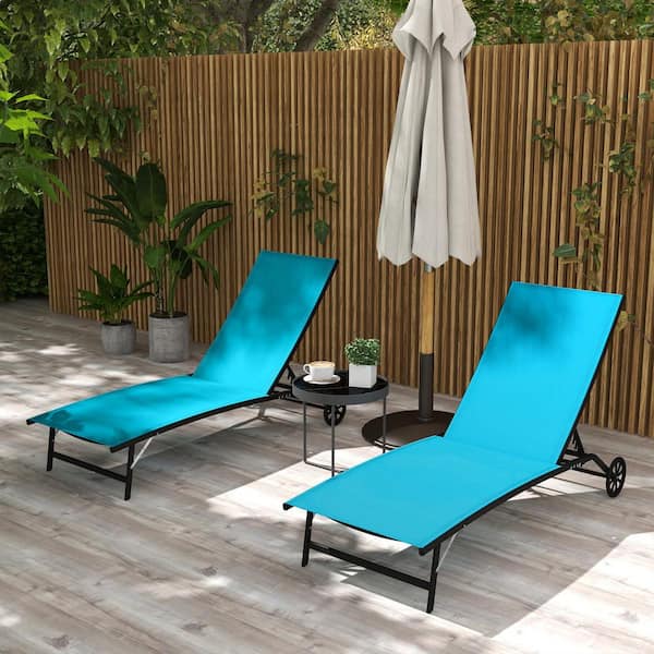 Sudzendf 2-Piece Metal Outdoor Chaise Lounge with Mesh Fabric Seat Wheels Tanning Chair with 5 Adjustable Positions in Blue