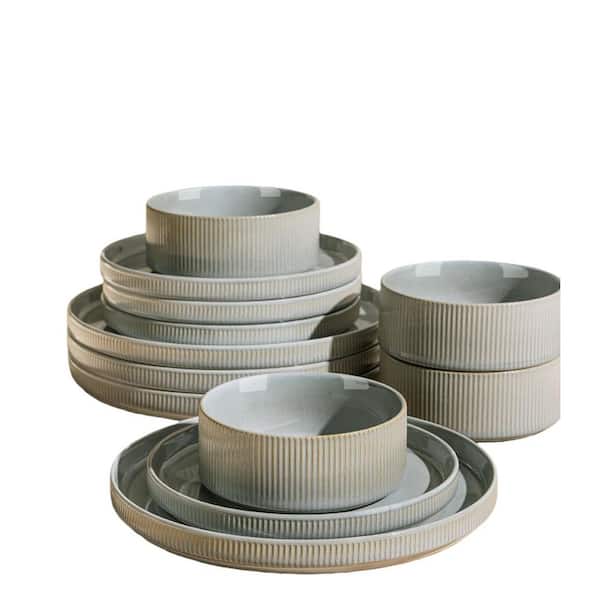 12-Piece Gray Ceramic Porcelain Dinnerware Set Plates and Bowls Set Dishwasher Safe for Kitchen Dining (Service for 4)