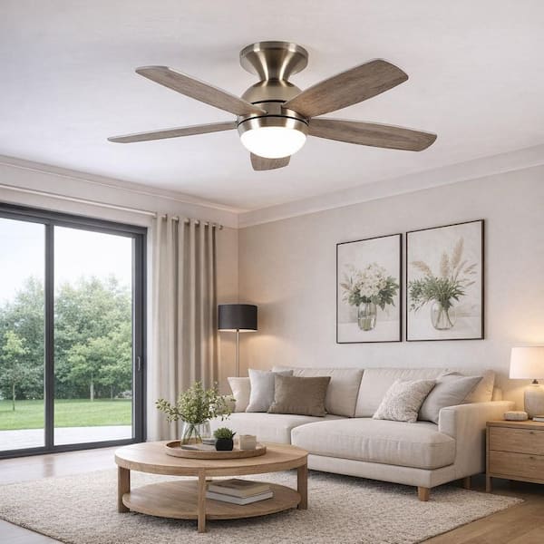 52 in. Nickel Plywood Flush Mount Standard Ceiling Fan Witht Light, Remote Control included, 6-Speed Reversible