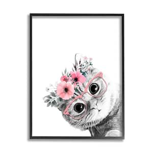 Pink Flower Crown Cat Glasses Monochrome Simple Design by Annalisa Latella Framed Animal Art Print 14 in. x 11 in.