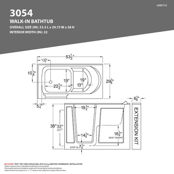 HD Series 54 in. Right Drain Quick Fill Walk-In Whirlpool and Air Bath Tub with Powered Fast Drain in White