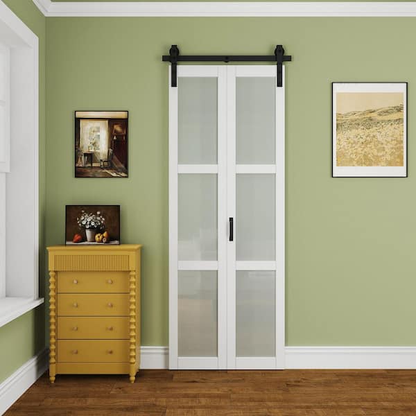 36 in. x 84 in. 3 Lite Frosted Glass Bifold Barn Door Easy Install White Primed MDF Sliding Barn Door with Hardware Kit