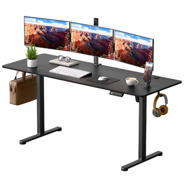 63 in. Rectangular Black Electric Standing Desk with Phone Holder and USB Charging Port
