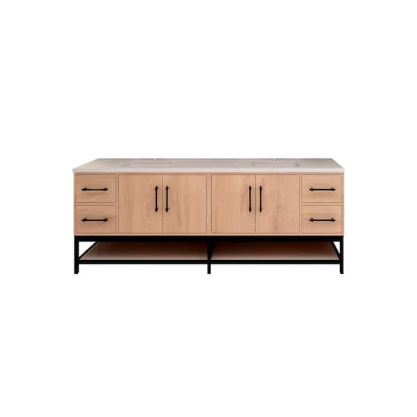 Victoria 84 in. W x 20 in. D x 35 in. H Double Sink Freestanding Frame Bath Vanity in Red Oak with White Acrylic Top