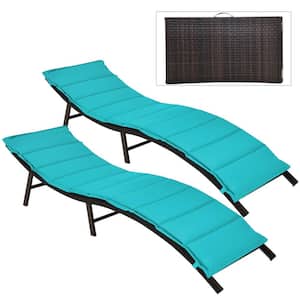 Modern Brown 2-Piece Wicker Outdoor Chaise Lounge with Turquoise Cushions