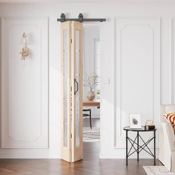 24 in. x 84 in. Full Lite Pre Assembled Frosted Glass Solid Core Wood Bi-Fold Door with Hardware