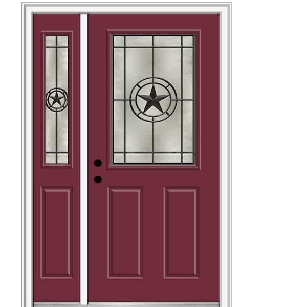 MMI Door Elegant Star 53 in. x 81.75 in. 1/2 Lite Decorative Glass Burgundy Painted Fiberglass Prehung Front Door