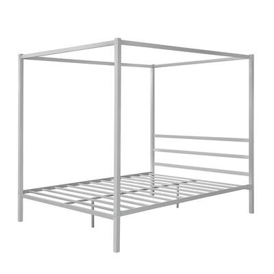 Silver Metal Framed Queen Canopy Platform Bed with Built-in Headboard No Box Spring Needed Classic Design