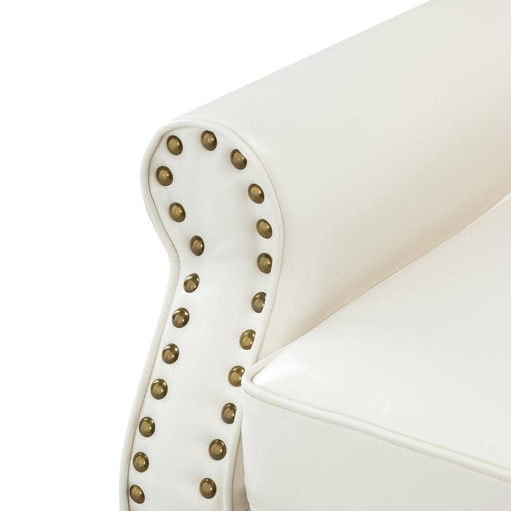 Ivory Faux Leather Accent Chair with Nailhead Trim and Wood Legs