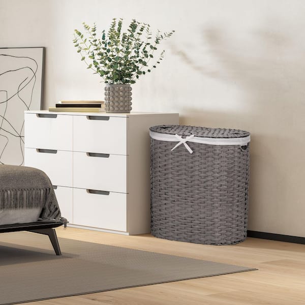 Gray 24 H x 22.75 W x 13 in. D Handwoven Plastic Contemporary Round Oval Double Laundry Room Hamper w/ Removable Liner