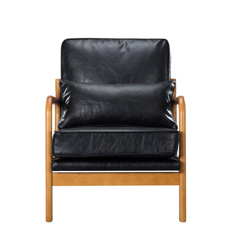 Black Faux Leather Arm Chair with Solid Wood Leg