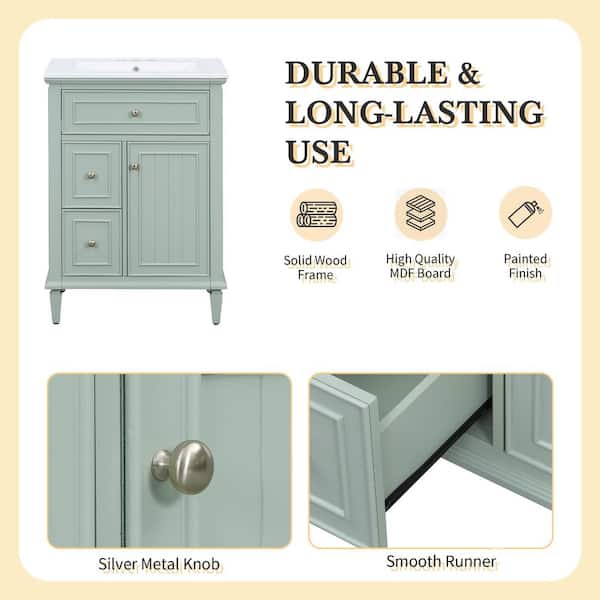 24 in. W Freestanding Bath Vanity in Green with White Ceramic Top, 1-Flip Drawer, 2-Drawers, Adjustable Shelf