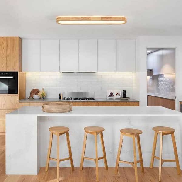 HUOKU Lumin LED-Light 37.4 in.W Wood Flush Mount Round Long