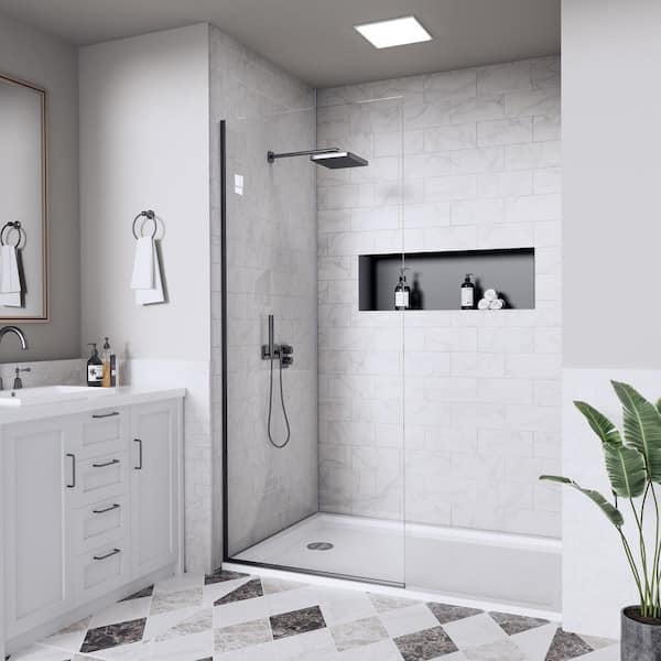 34 in. W x 74 in. H Semi-Frameless Fixed Glass Shower Door in Matte Black with Nano-Coated Clear Tempered Glass