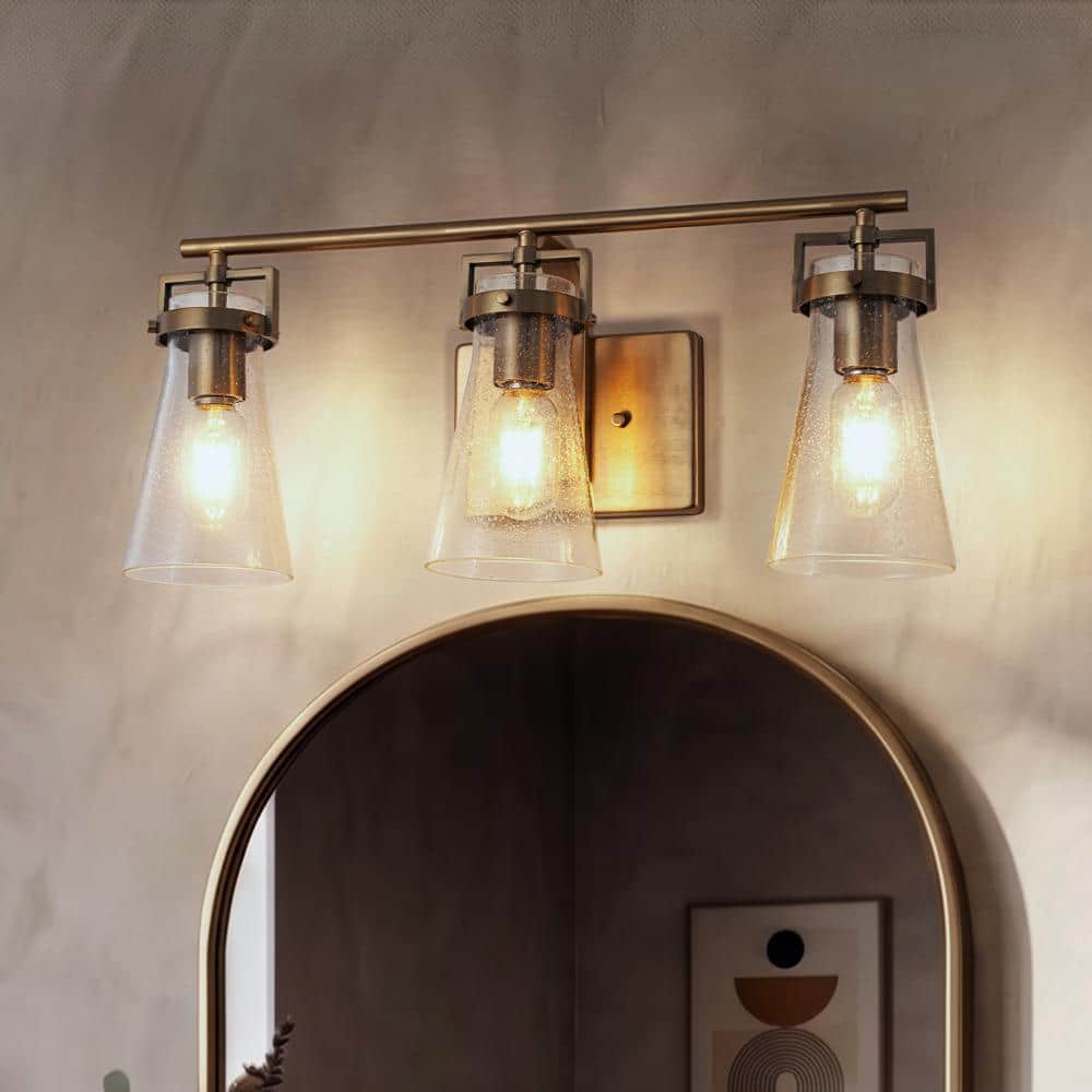 Modern Transitional 3-Light Vanity Wall Sconce in Brushed Brass with Clear Bubble Glass Shades for Mirror, Bathroom price history on PriceWatchPro
