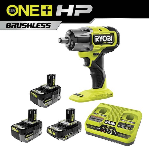 RYOBI ONE+ 18V HIGH PERFORMANCE Kit w/ (2) 4.0 Ah Batteries, 2.0 Ah Battery, 2-Port Charger, & ONE+ HP Brushless Impact Wrench