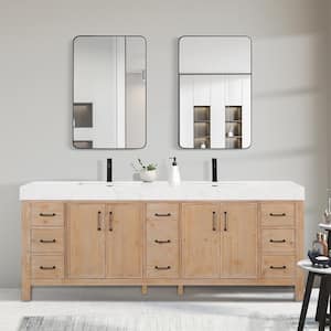 León 84 in.W x 22 in.D x 34 in.H Double Sink Bath Vanity in Fir Wood Brown with White Composite Stone Top and Mirror