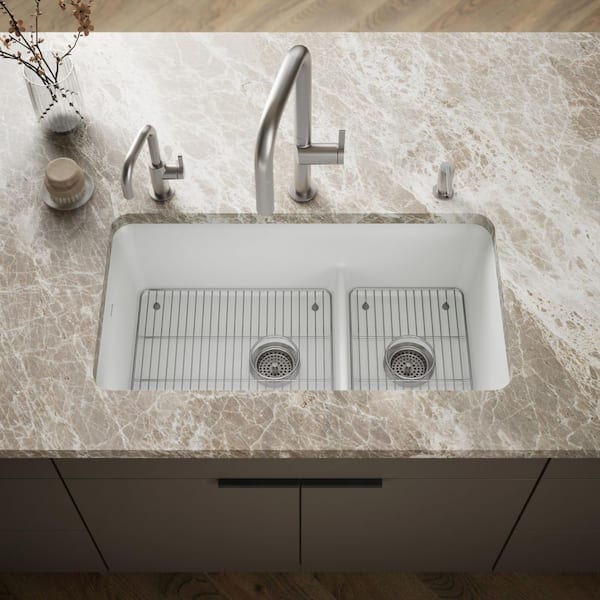 Cairn Matte White Granite Composite 33 .5 in. Double Bowl Undermount Kitchen Sink