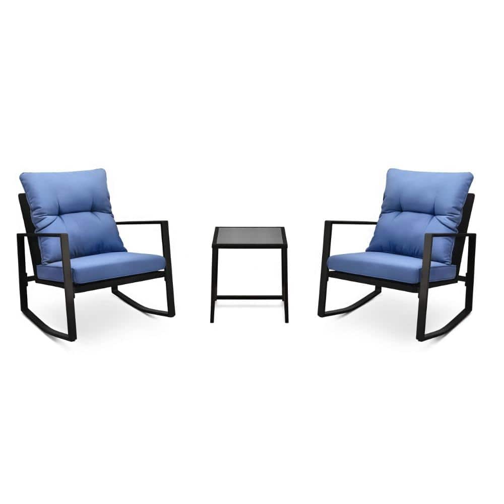 3 Pieces Patio Bistro Set Outdoor Rocking Chair w Blue Cushion for Yard Garden Poolside price history on PriceWatchPro