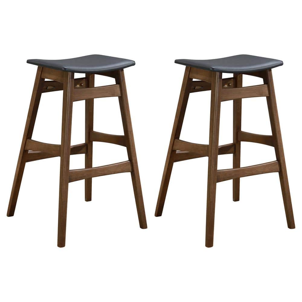Transitional Gray Leatherette and Walnut Wood Bar Stool, 18"W