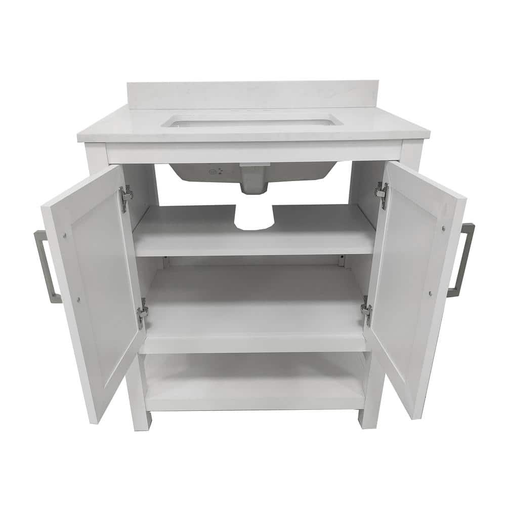 30" White Freestanding Bathroom Vanity with Carrara Marble Countertop