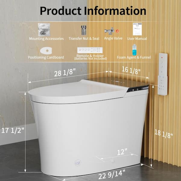 Elongated ADA Smart Toilet Bidet 1.28 GPF in White with Auto Flush, Heated Seat, Dryer, Bubble Wash, Foam Self-Cleaning