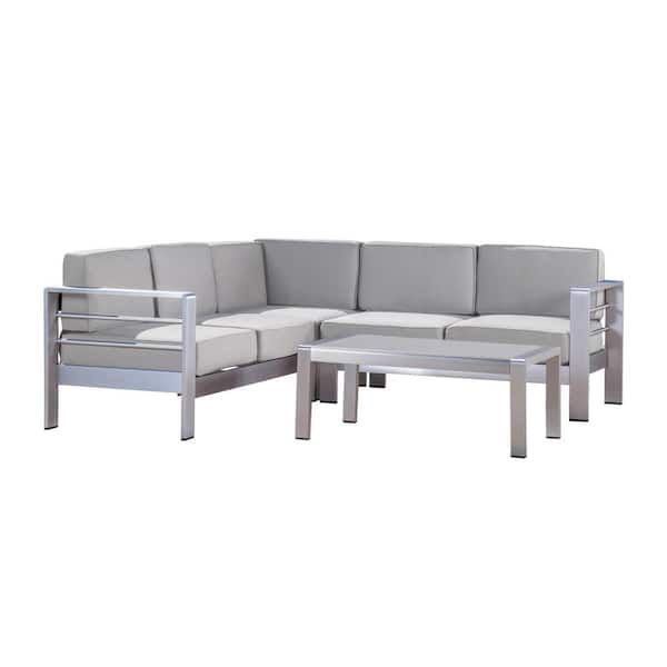 Noble House 4-Piece Metal Patio Sectional Seating Set with Sunbrella Cast Silver Cushions