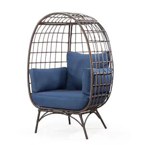 Patio 40 in. W Egg Chair with Blue Cushions, Backyard Indoor Outdoor Lounge Chairs (Brown Wicker Wraped Iron Frame)