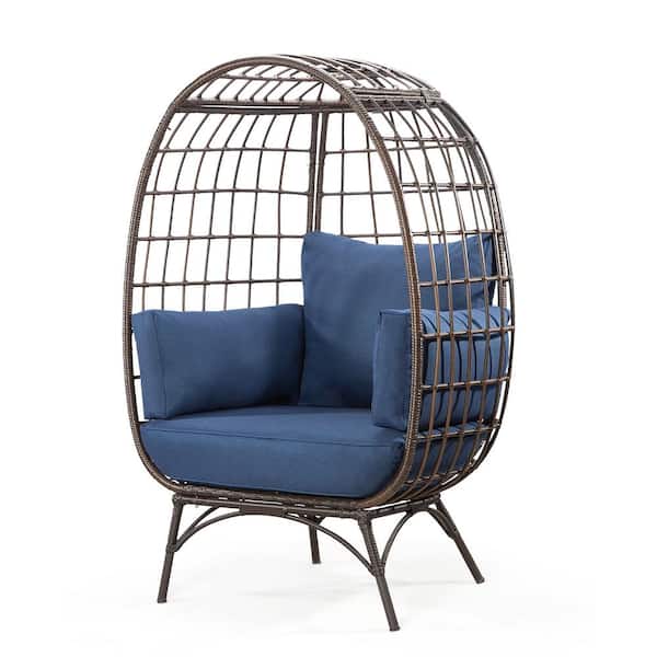 MEOOEM Patio 40 in. W Egg Chair with Blue Cushions, Backyard Indoor Outdoor Lounge Chairs (Brown Wicker Wraped Iron Frame)