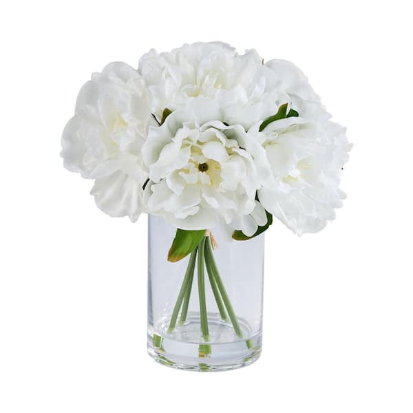 Faux Series 11 in. White Indoor Artificial Silk Peony Bouquets with Stems for Home Table Decor in Glass Vase