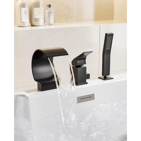 YAWWALK Single-Handle Deck-Mount Roman Tub Faucet with Anti-fingerprint Handheld Shower in Matte Black (Valve Included)