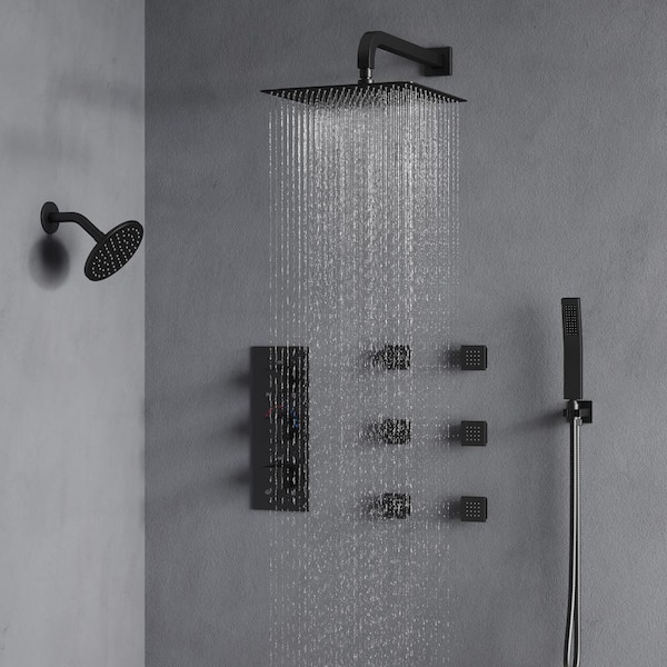 8-Spray Patterns 12 and 6 in. 2.5 GPM Square Wall Mount Dual Shower Handheld Shower Head in Matte Black