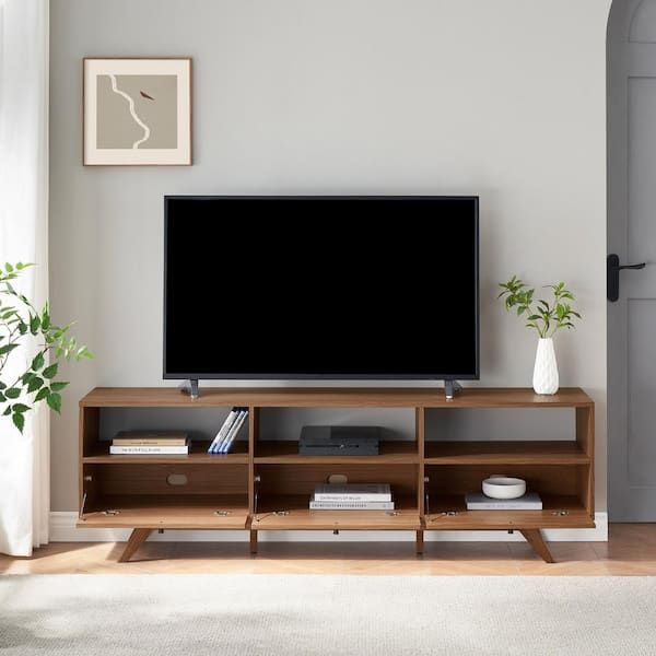 70 in. Mid-Century Modern Mocha Wood TV Stand with 3 Drop Down Doors (Max TV Size 80 in.)