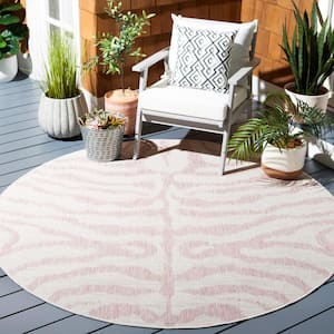 Courtyard Ivory/Pink 7 ft. Round Zebra Indoor/Outdoor Area Rug
