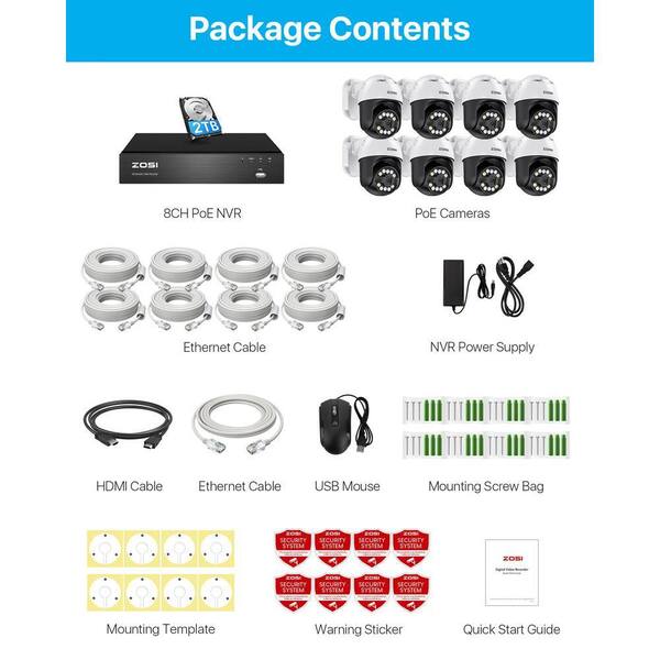 ZOSI 4K 8-Channel POE 2TB NVR Security Camera System with 8-Wired