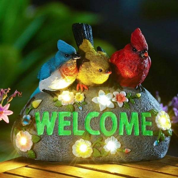 7 in. x 6 in. Resin Multi-Colored Solar Birds Garden Statue with
