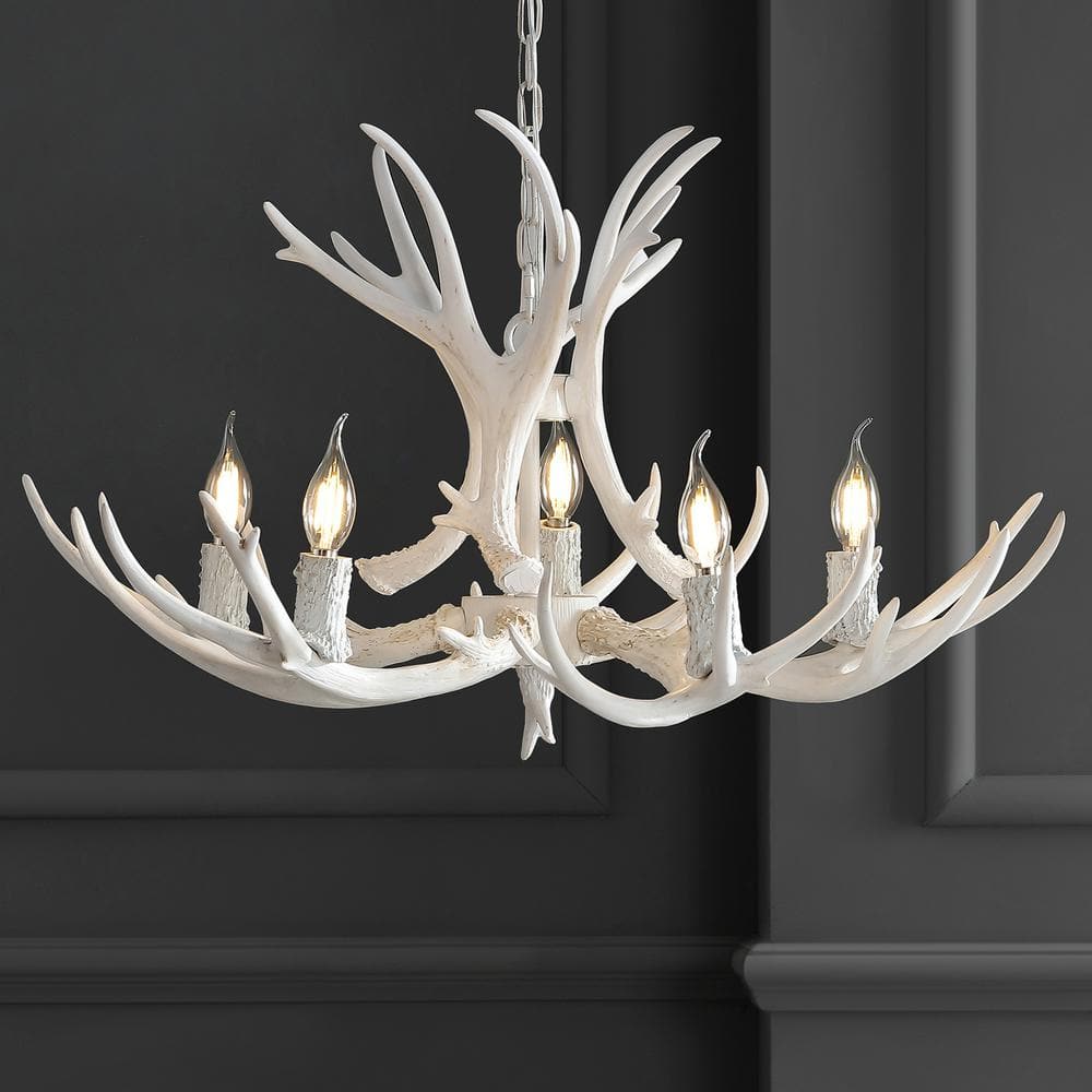 Eldora 30" White Adjustable Resin Antler 5-Light LED Chandelier