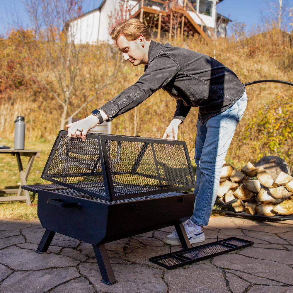 Black Steel Outdoor Fire Pit with Grill and Spark Screen
